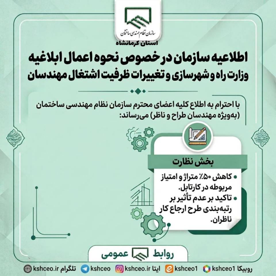 اطلاعیه سازمان در خصوص نحوه اعمال ابلاغیه وزارت راه و شهرسازی و تغییرات ظرفیت اشتغال مهندسان
