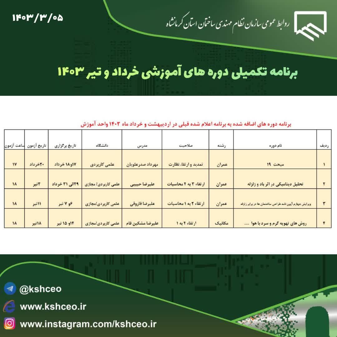 برنامه تکمیلی دوره های آموزشی خرداد و تیر ۱۴۰۳