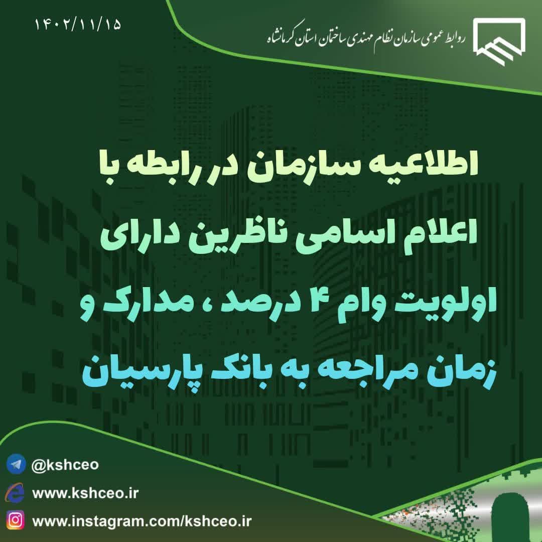 اطلاعیه سازمان در رابطه با اعلام اسامی ناظرین دارای اولویت وام 4 درصد بانک پارسیان 