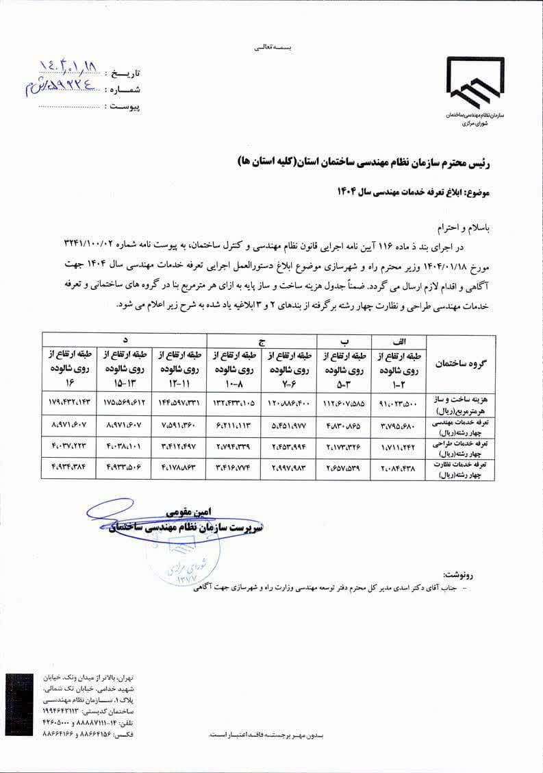 ابلاغ تعرفه های جدید خدمات مهندسی 1404 از سوی سرپرست سازمان نظام مهندسی ساختمان کشور