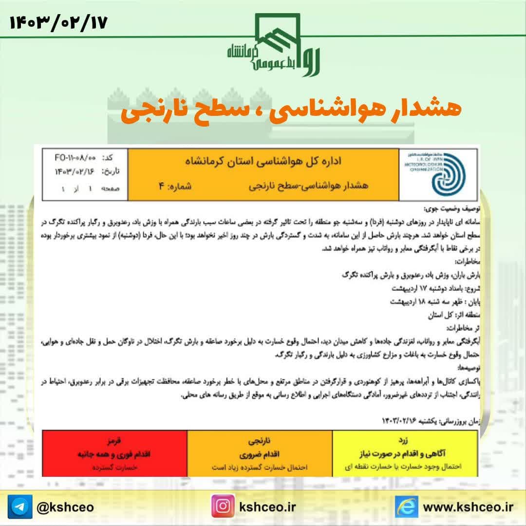 هشدار هواشناسی ، سطح نارنجی مورخ 1403/02/17