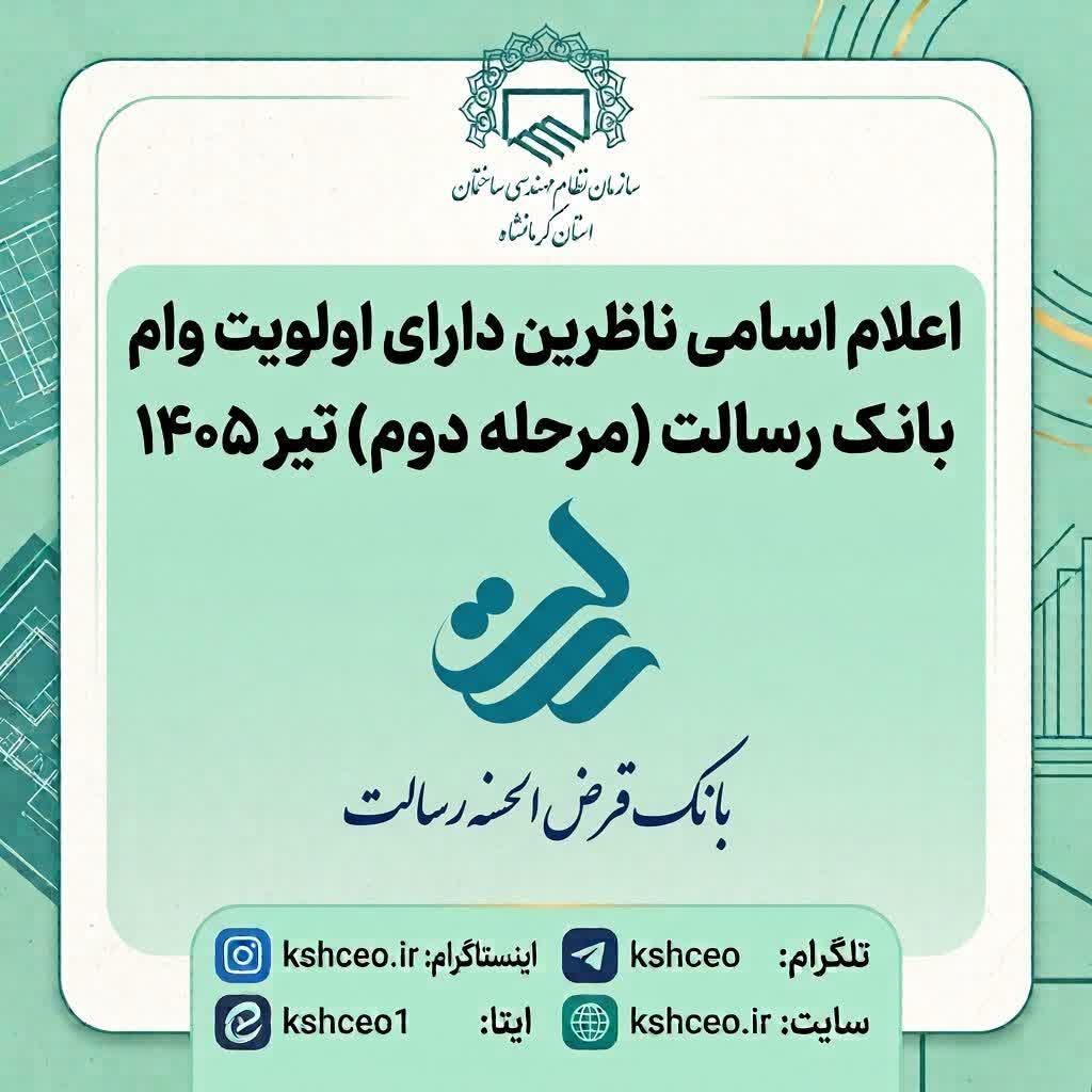 اعلام اسامی ناظرین دارای اولویت وام بانک رسالت ( مرحله دوم ) تیر۱۴۰۵