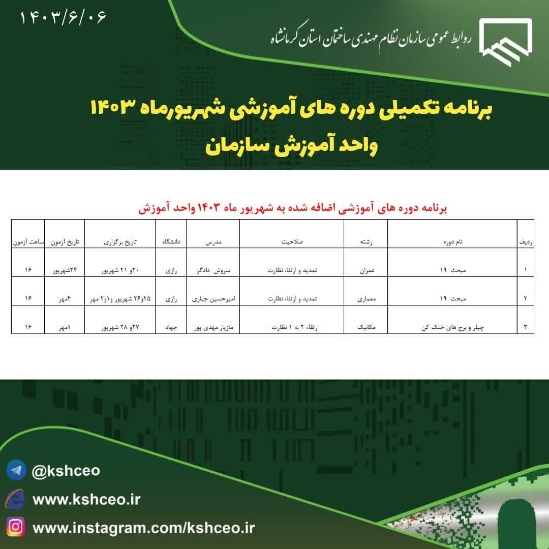برنامه تکمیلی دوره های آموزشی شهریور ماه ۱۴۰۳ واحد آموزش سازمان
