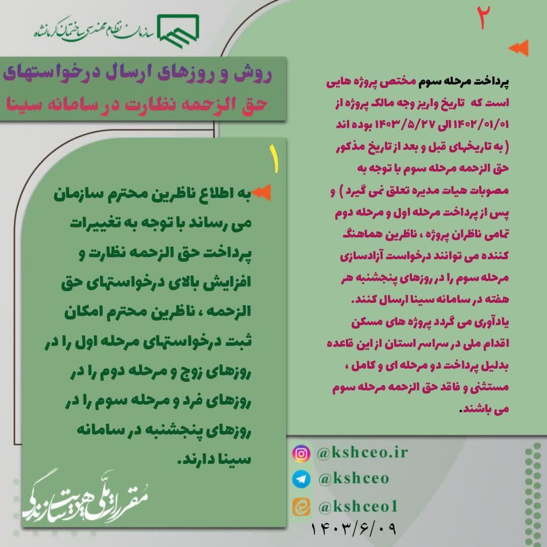 روزهای ارسال درخواستهای حق الزحمه نظارت ناظرین در سامانه سینا