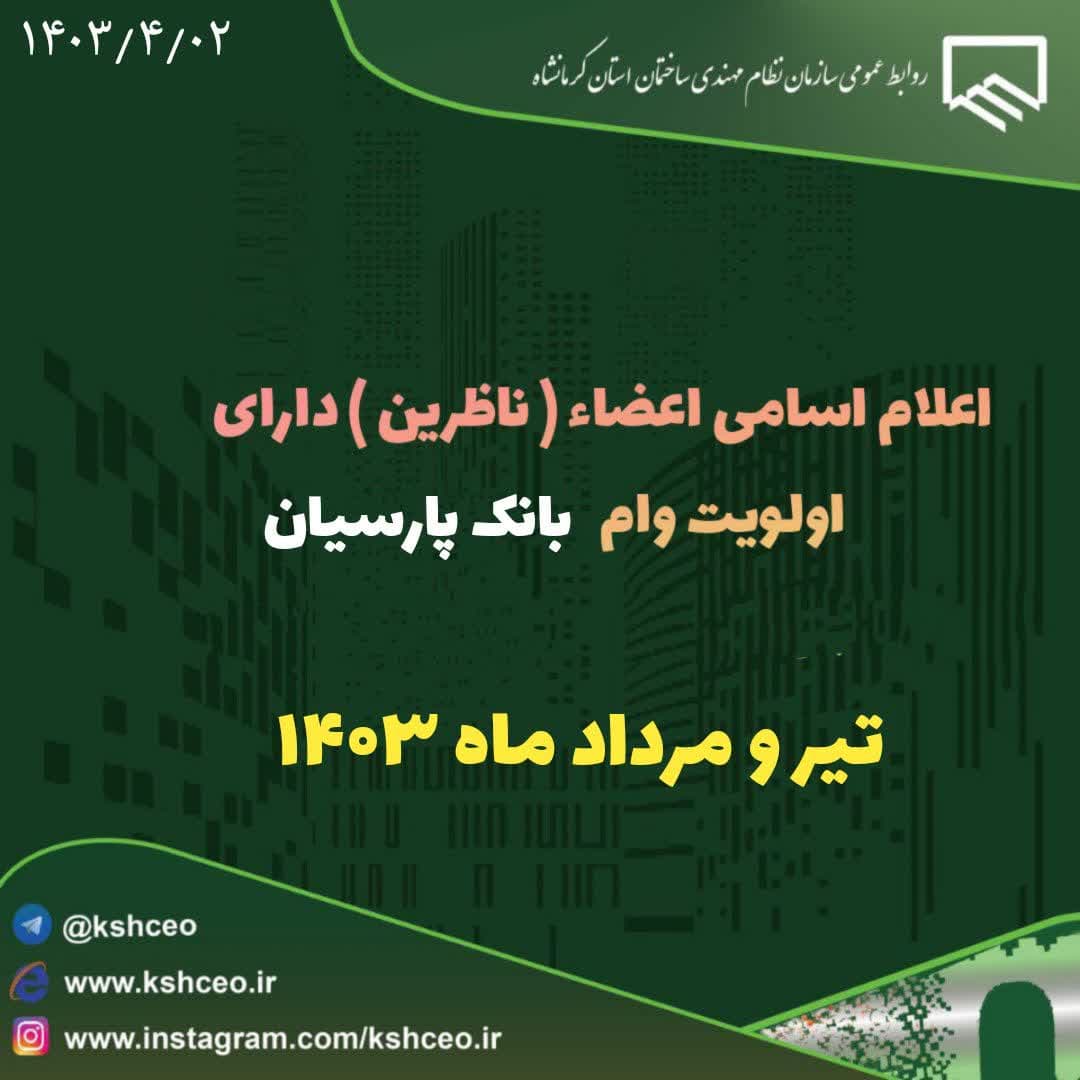 اعلام اسامی ناظرین دارای اولویت ( مشخص شده در قرعه کشی ) وام پارسیان در تیر و مردادماه 1403